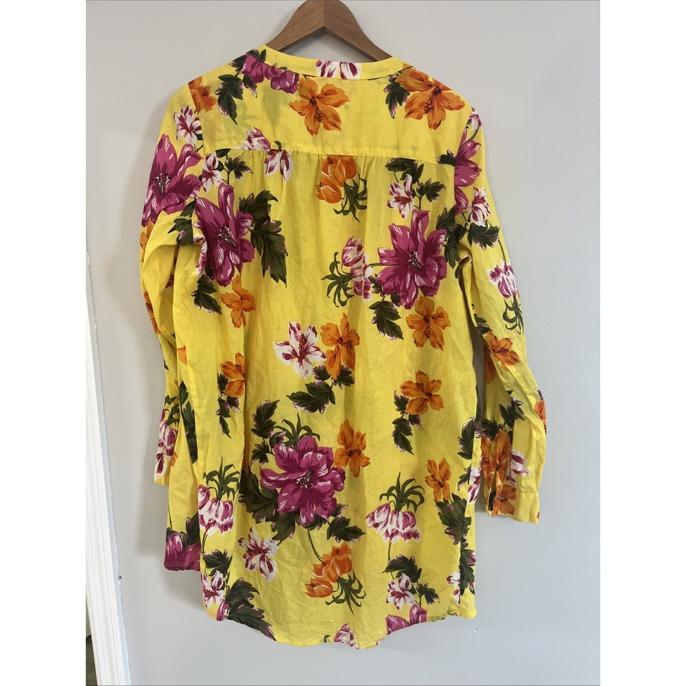 Roaman's Blouse Women's 14W Top Shirt long Tab Sleeves Floral Tropical‎ yellow - Picture 4 of 4